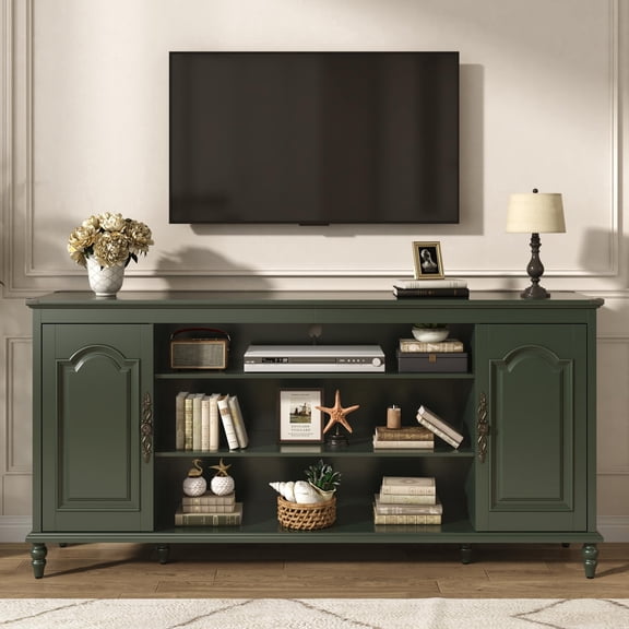 Aphthongs 70" Mid-Century Modern TV Stand for TVs up to 85/80", 33.7" Tall Wood Media Console with Storage & 2 Doors & Adjustable Shelves, TV Cabinet w/Brass Carved Handles & Solid Wood Gourd Legs