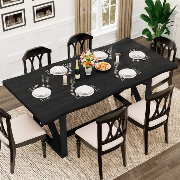 Aphthongs 70.9 Inch Solid Wood Farmhouse Dining Table, 6FT Rectangular Kitchen Table for 4‑6 People, Faux Live Edge, Matte Waterproof Finish for Dining Room Living Room Home Office