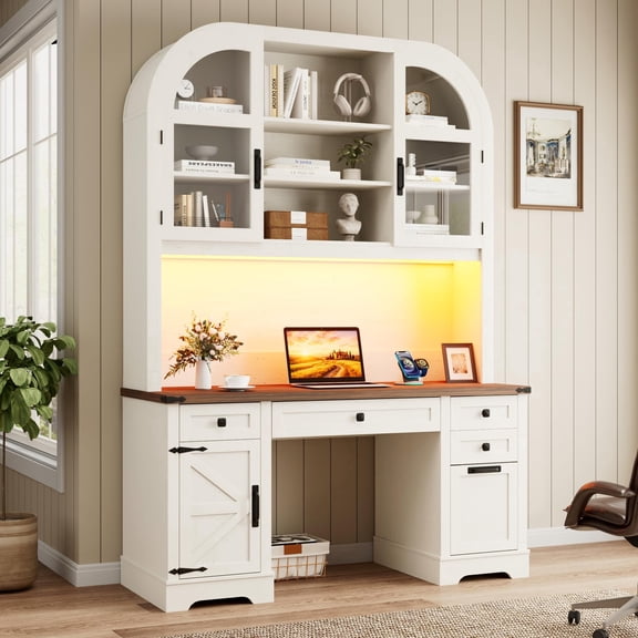 Aphthongs 83" Height Farmhouse Computer Desk with Hutch, 58" Wide Executive Desk with 4 Drawers & 9 Storage Compartments & Charging Station and LED Lights, Workstation for Home Office, Off White