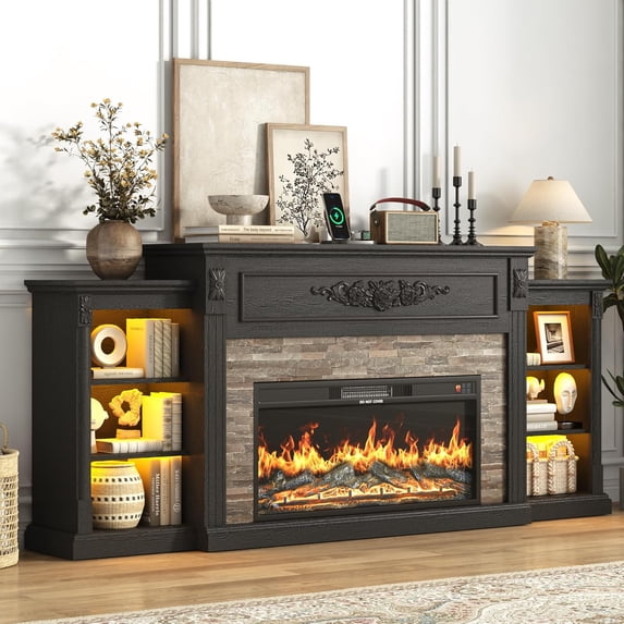 Aphthongs 85" Fireplace with Mantel, Tall Fireplace TV Stand with 36" Fireplace for TVs Up to 95 Inch, LED Farmhouse Entertainment Center with Power Outlets Adjustable Shelves, Carved Decoration
