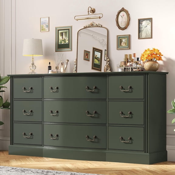 Aphthongs 9 Drawers Dresser for Bedroom with Curved Design, 63" Wide Mid Century Modern Chest Of Drawers With Antique Handle, Wooden Vintage Painted Drawer Organizer for Living Room, Hallway, Green