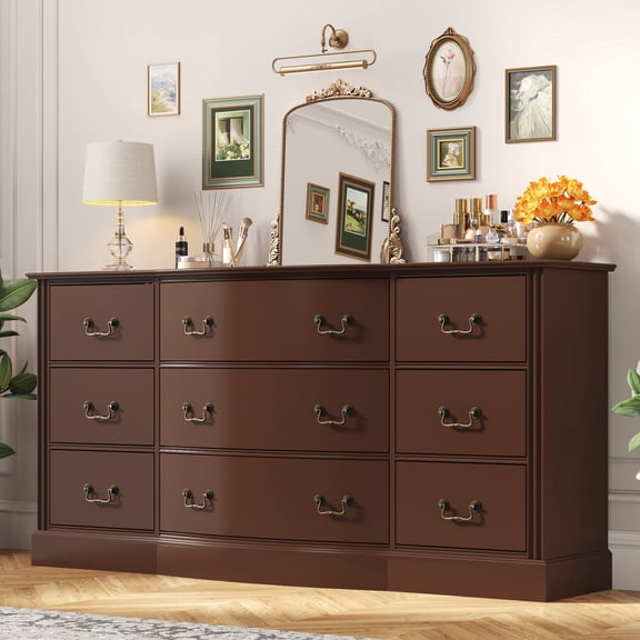 Aphthongs Farmhouse 9 Drawers Dresser for Bedroom, 63" Wide Chest of Drawers with Curved Design & Antique Handles, Rustic Large Closet Storage Dressers Organizer for Hallway Living Room, Brown