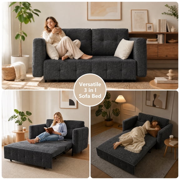 Aphthongs 58" Wide 3-in-1 Convertible Sleeper Sofa Bed, Pull Out Couch with Adjustable Backrest, Multi-Functional Loveseat Futon with 4 Pillows for Small Space, Apartment, Living Room, Grey