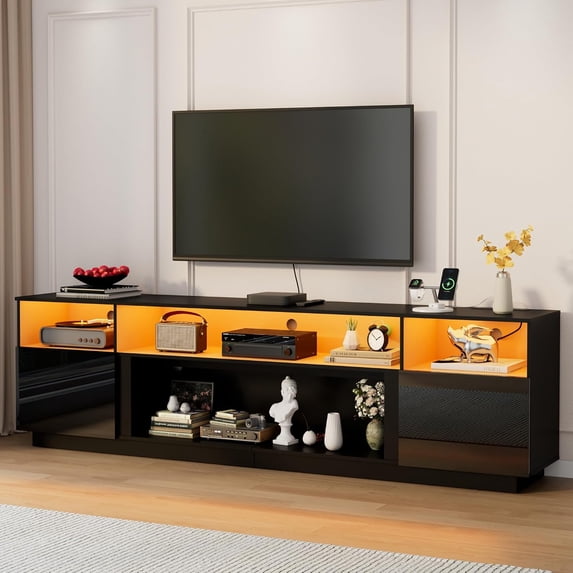 Aphthongs 90" LED TV Stand with Power Outlet for 100/90/85 Inch TVs, High Glossy Modern Entertainment Center TV Media Console Gaming with 2 Storage Cabinets for Living Room, Bedroom