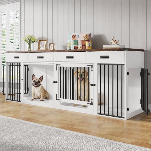 Aphthongs 94.5''Double Dog Crate Furniture with Drawers for 2 Dogs, 3-in-1 Wooden Dog Kennel with Removable Divider & Sliding Doors, Indoor Pet Crate TV Stand with Secure Latches, Large Dog Cage
