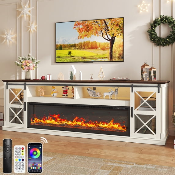 Aphthongs 94" Farmhouse Fireplace TV Stand with 60" Electric Fireplace, Sliding Barn Door Media Console with LED Lights & Power Outlet, Rustic Long TV Cabinet for Living Room, Bed Room