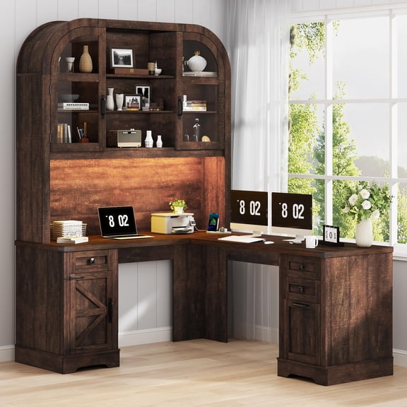 Aphthongs Farmhouse L Shaped Computer Desk with Hutch, 82.7" H 69" W Executive Desk with 4 Drawers & 9 Storage Compartments & Charging Station and LED Lights, Workstation for Home Office, Brown