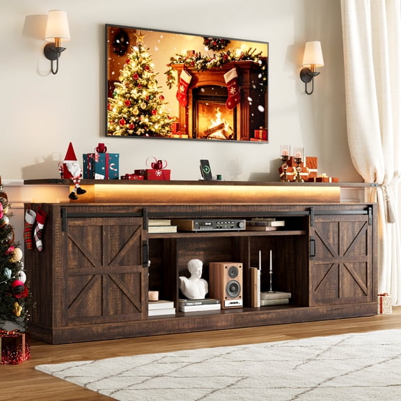 Aphthongs Farmhouse TV Stand with Sliding Barn Doors for 80/85/90 Inch TV,33" Tall Rustic Entertainment Center with LED Lights,Power Outlet,Open Shelves for Living Room