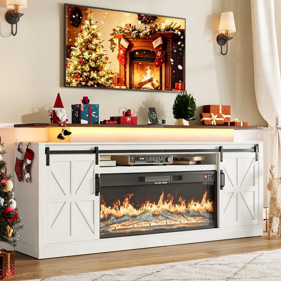 Aphthongs Farmhouse TV Stand with 36" Fireplace for TVs Up to 80",Rustic Sliding Barn Door Media Console with LED Light/Outlet for Living Room