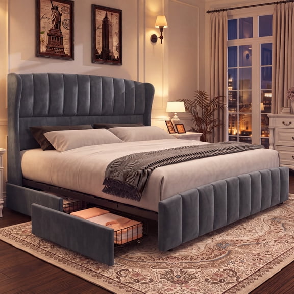 Aphthongs King Upholstered Bed Frame with 54'' Wingback Headboard, Velvet Tufted Storage Bed Frame with 4 Drawers, Sturdy Wooden Slats Support, No Box Spring Needed, Dark Gray
