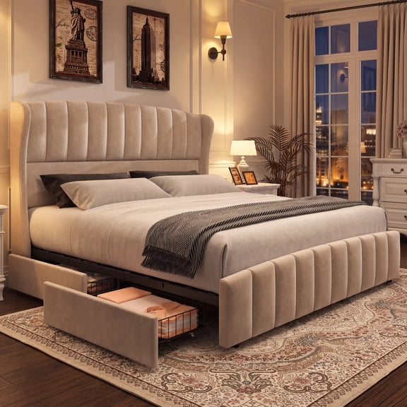 Aphthongs King Upholstered Bed Frame with 54'' Wingback Headboard, Velvet Tufted Storage Bed Frame with 4 Drawers, Sturdy Wooden Slats Support, No Box Spring Needed, Beige