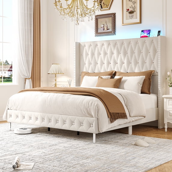 Aphthongs King LED Upholstered Bed Frame with 65'' Tall Wingback ...