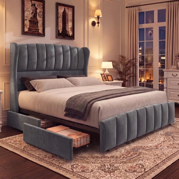 Aphthongs Queen Upholstered Bed Frame with 54'' Wingback Headboard, Velvet Tufted Storage Bed Frame with 4 Drawers, Sturdy Wooden Slats Support, No Box Spring Needed, Dark Gray