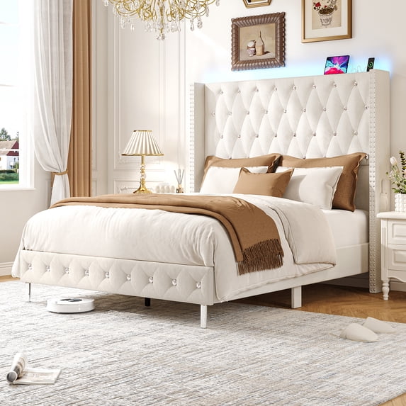 Aphthongs Queen LED Upholstered Bed Frame with 65'' Tall Wingback ...