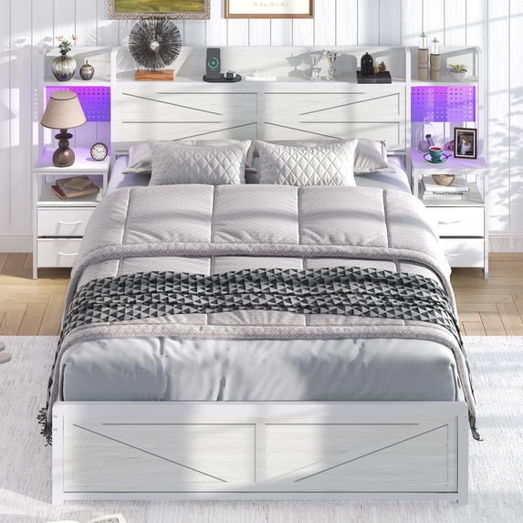 Aphthongs Queen Size Farmhouse Bed Frame with Storage Headboard, Integrated Nightstands, LED Lights, Charging Station, Sturdy Steel Platform Bed