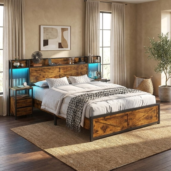 Aphthongs Queen Size Farmhouse Bed Frame with Storage Headboard, Integrated Nightstands, LED Lights, Charging Station, Sturdy Steel Platform Bed