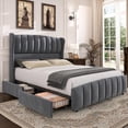 thumbnail image 1 of Aphthongs Queen Upholstered Bed Frame with 54'' Wingback Headboard, Velvet Tufted Storage Bed Frame with 4 Drawers, Sturdy Wooden Slats Support, No Box Spring Needed, Dark Gray, 1 of 10