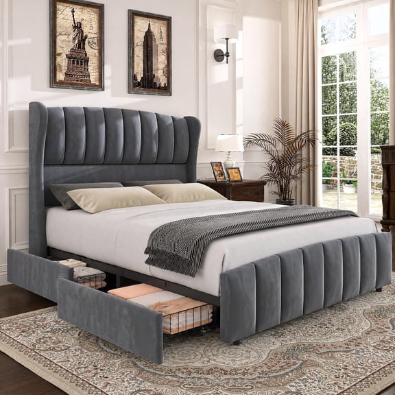 Aphthongs Queen Upholstered Bed Frame with 54'' Wingback Headboard, Velvet Tufted Storage Bed Frame with 4 Drawers, Sturdy Wooden Slats Support, No Box Spring Needed, Dark Gray