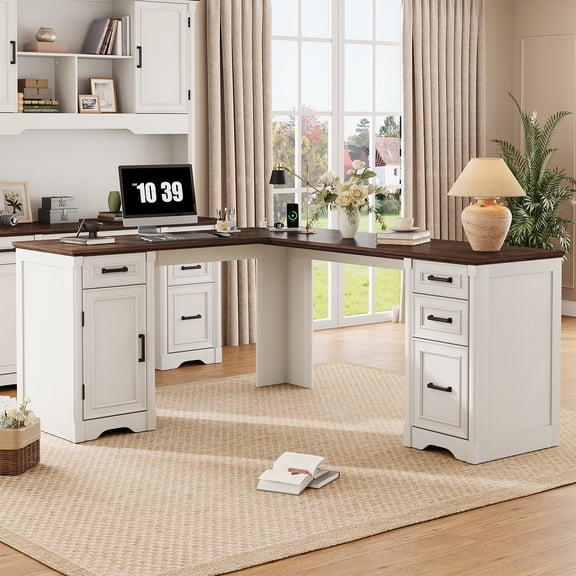 Aphthongs Wood L Shaped Executive Desk, Farmhouse Home Office Desk w/ File Drawer & Charging Station, Rustic Writing Desk Study Table Elegant Computer Desk with Storage, White