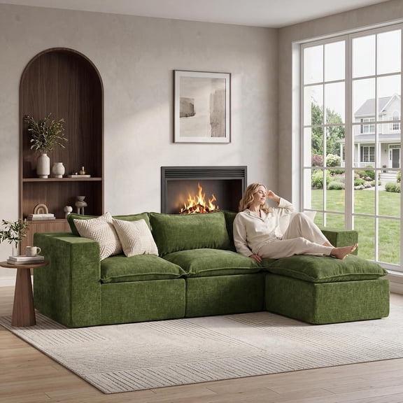 Apicizon 101" Modular Cloud Sectional Sofa, L‑Shaped Sleeper Couch with Ottoman, No Assembly for Apartment Living, Green Room