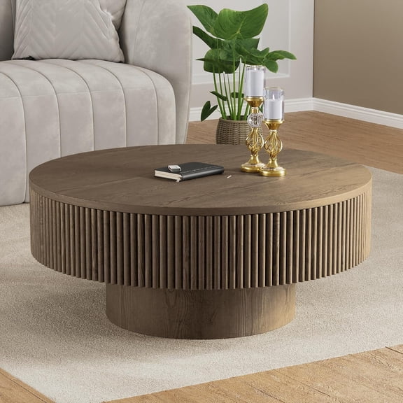 Apicizon 31.5” Round Fluted Coffee Table, Handcrafted Veneer Relief Wooden Table With Solid Pedestal Base, Modern Brown Accent Table For Living Room