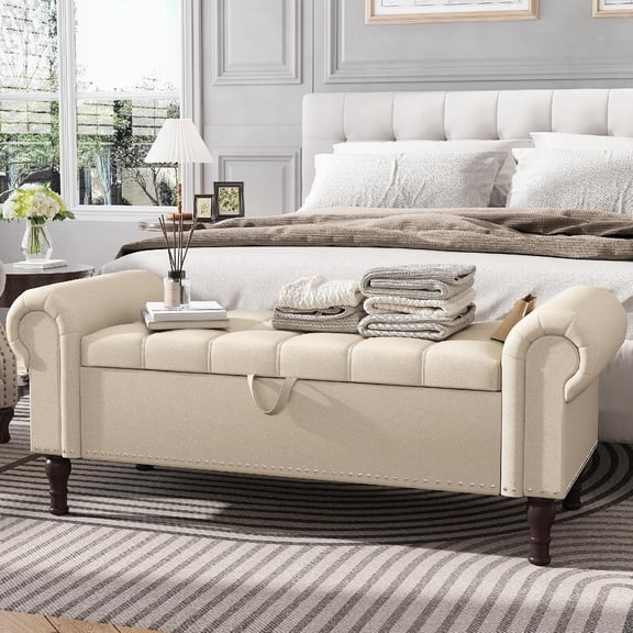Apicizon 51" Faux Leather Storage Ottoman Bench, Rolled Arm Vintage Rivets, Beige with Brown Legs for Bedroom Entryway Living Room
