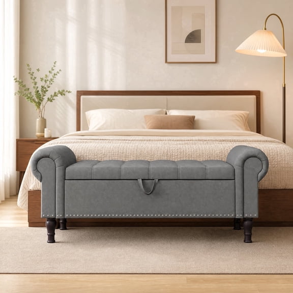 Apicizon 51 inch Storage Ottoman Bench, Large Hidden Storage Tufted PU Leather Bench with Rolled Arms for Entryway Bedroom Living Room, Light Gray