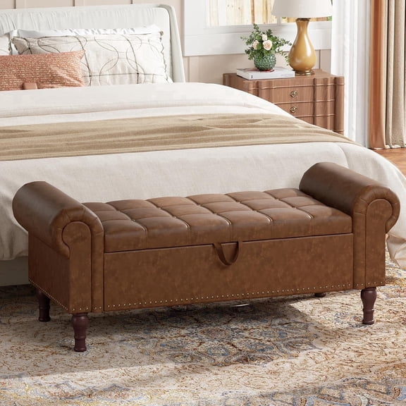 Apicizon 51 Inch PU Leather Storage Bench, Tufted Button Ottoman with Rolled Arms, Brown Multipurpose Furniture for Entryway, Bedroom and Living Room