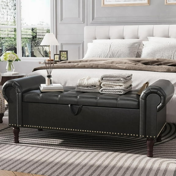 Apicizon 51”Storage Benches, Queen Size Faux Leather Bed Bench with Tufted Button, Upholstered Bench with Rolled Arm and Vintage Rivets for Foot of Bed, Living Room, Entrance，Black