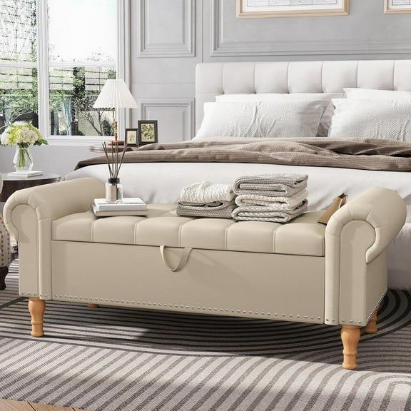 Apicizon 51” Storage Ottoman Bench, Soft Faux Leather Indoor Bench with Rolled Arm & Vintage Rivets, Large Storage Chest for Bedroom, Living Room, Entryway, Beige+Natural Legs