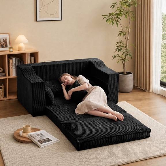 Apicizon Corduroy Reclining Divan Sofa Bed with 4 Pillows, Black