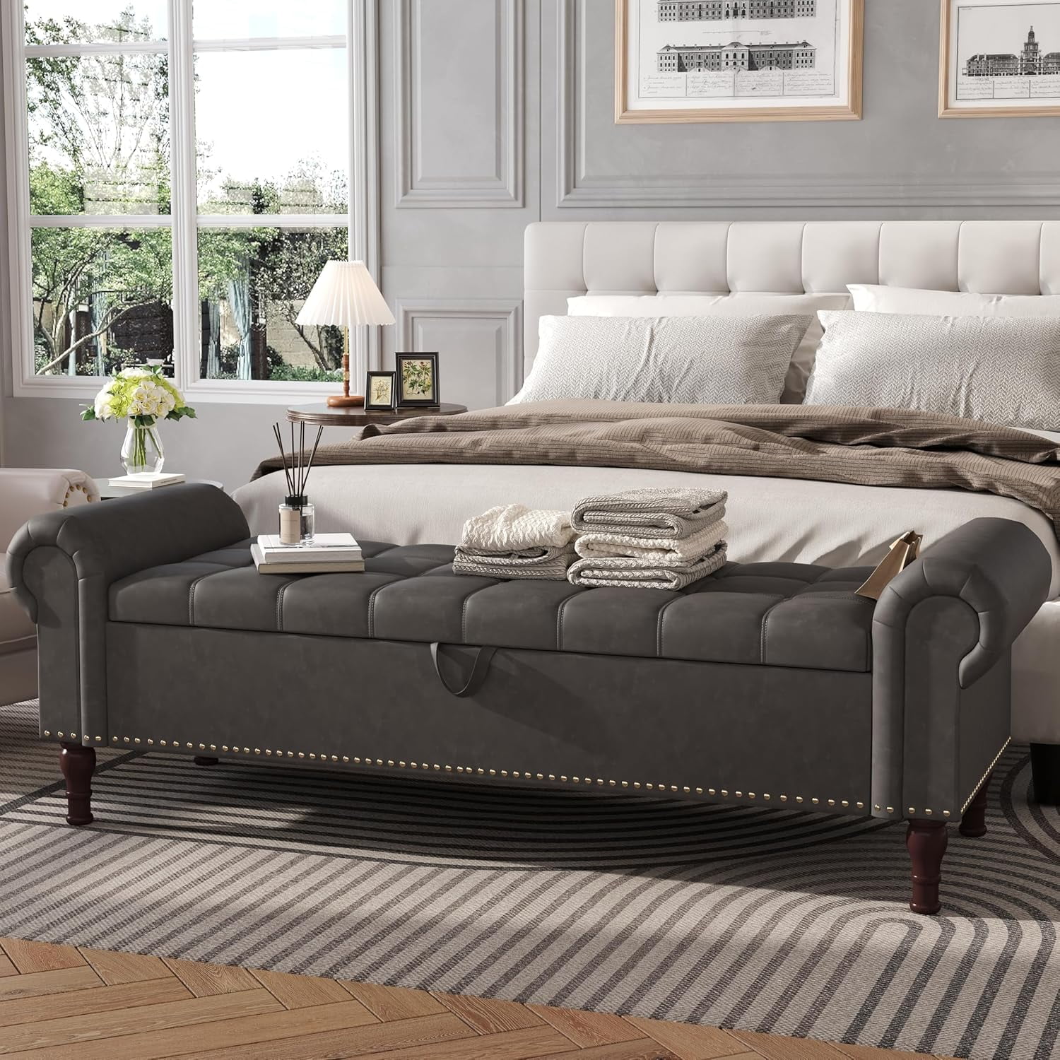 HUIMO Button-Tufted Storage Ottoman Bench - Large Upholstered Bench For Bedroom, Living Room (Grey)