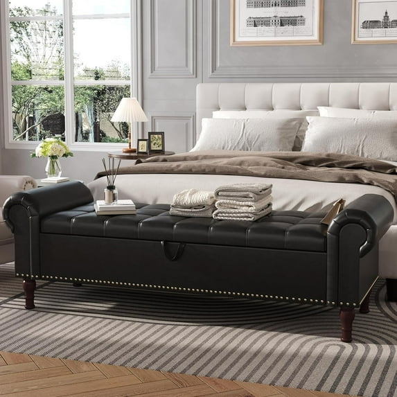 Apicizon 60” Storage Benches, Queen Size Faux Leather Bed Bench with Tufted Button, Upholstered Bench with Rolled Arm & Vintage Rivets for Foot of Bed, Living Room, Entrance, Black