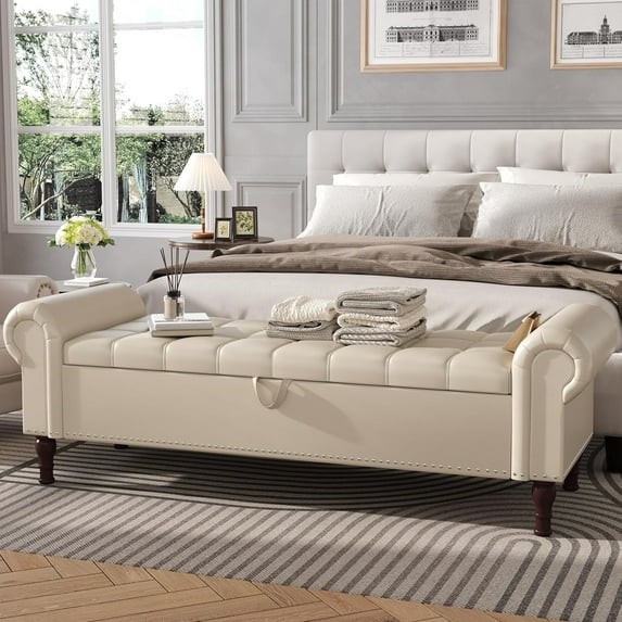 Apicizon 60” Storage Ottoman Bench, Soft Faux Leather Indoor Bench with Rolled Arm & Vintage Rivets, Large Storage Chest for Bedroom, Living Room, Entryway, Beige & Brown Legs