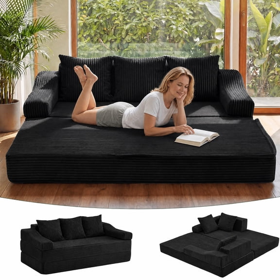 Apicizon 78.7" Convertible Sofa Bed, 3-Seater Boneless Folding Corduroy Futon Sleeper Couch with Pillows, Black