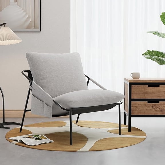 Apicizonhome Grey Sling Accent Chairs, Modern Accent Chairs Reading Chairs for Living Room, Black Metal Armchair with Comfortable Cushion for Reading Room Office, Light Grey