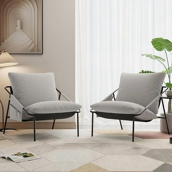 Apicizonhome Grey Sling Accent Chairs Set of 2, Modern Accent Chairs Reading Chairs for Living Room, Black Metal Armchair with Comfortable Cushion for Reading Room Office, Light Grey Linen