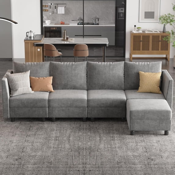 Apicizonhome Modular Sectional Sofa, Modern Chenille Sofa Set with USB Charging Ports, 5 Seats L Shaped Couch with Lagre Storage, Comfy Convertible Couches with Chaise for Living Room, Light Grey