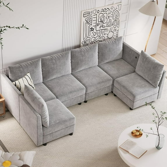 Apicizonhome Sleeper Sectional Sofa, Modern Chenille Sofa Set with USB Charging Ports, 6 Seats Sleeper Sofa with Lagre Storage, Comfy Convertible Sleeper Couch with Chaise for Living Room, Light Grey