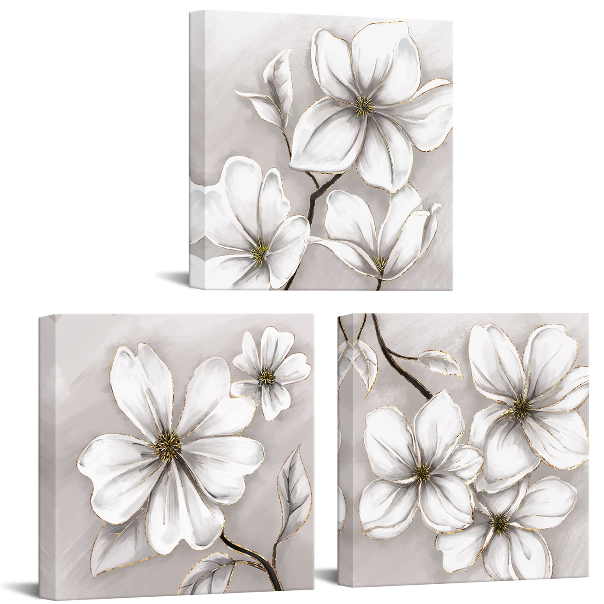 Apicoture 3 Piece Flower Wall Art White and Gold Floral Canvas Print