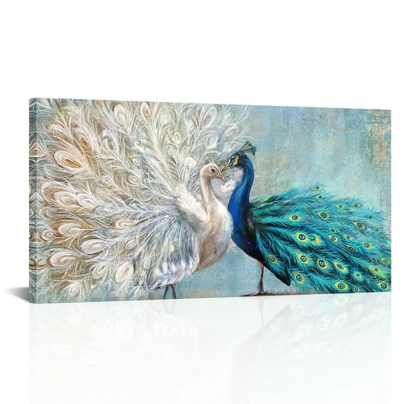 Apicoture12x24 inch Peacock Framed Vintage Canvas Wall Art Home Wall Decor Blue and White Peacock Feather Giclee Print Gallery Wrap Modern Home Art Ready to Hang