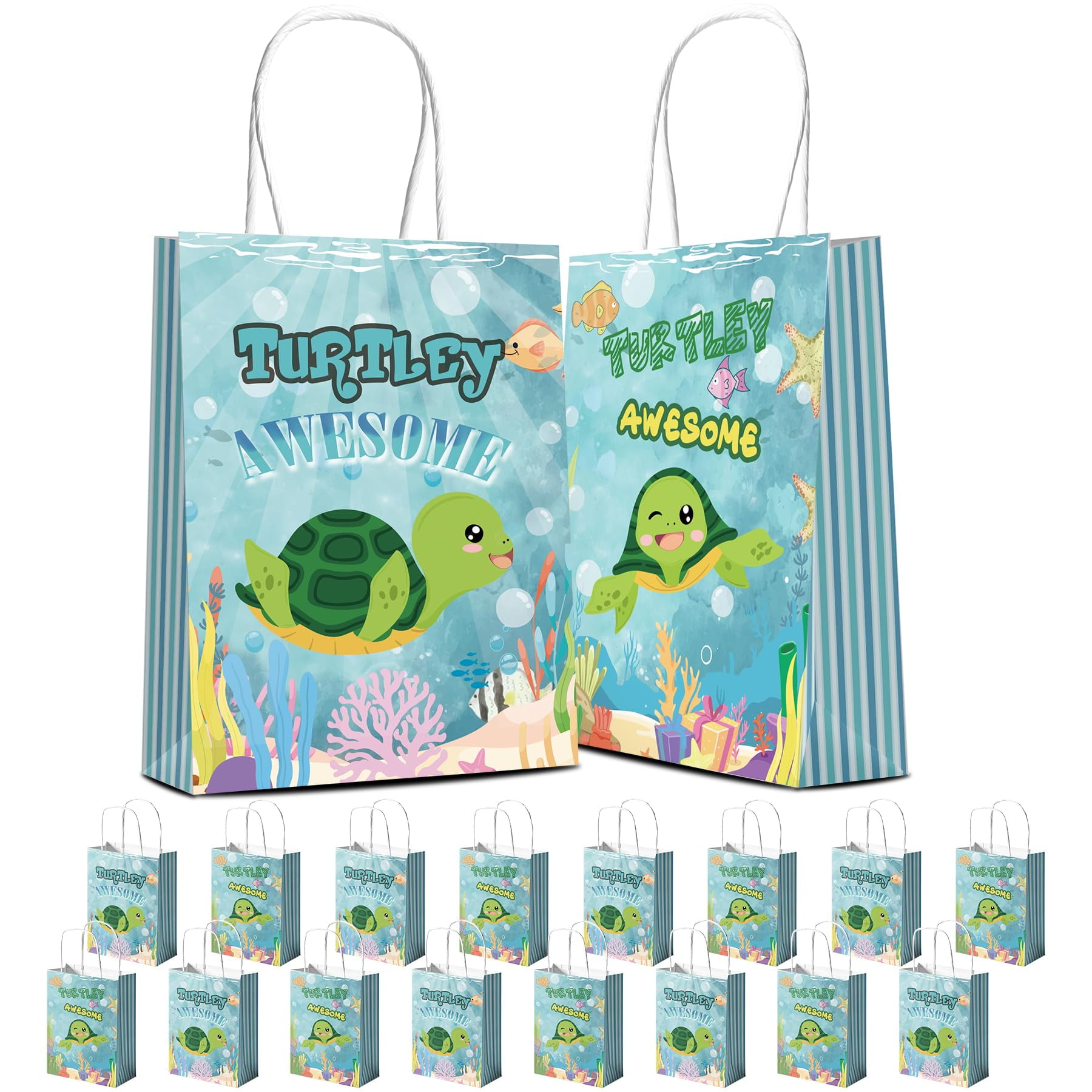 16Pcs Sea Turtle Party Gift Bags With Handles - Ocean Under The Sea Goodie Bags For Birthday, Baby Shower, Gender Reveal