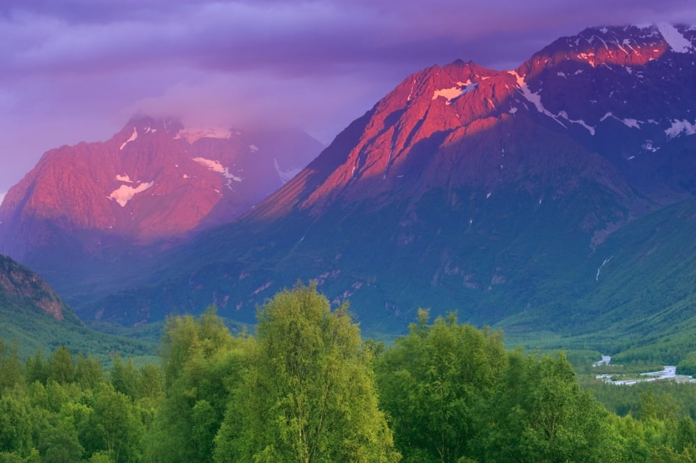 Aplenglow Sunset Over Polar Bear Peak & Eagle Peak In Chugach Mountains Eagle River Valley Alaska Summer Canvas Art - Michael DeYoung Design Pics (34 x 22)