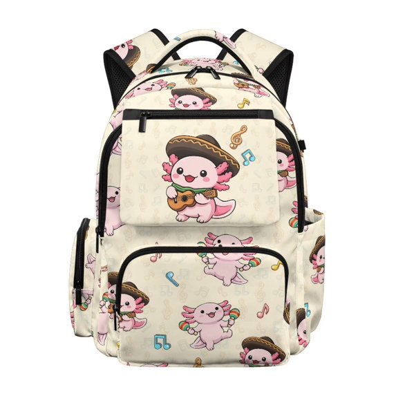 Aplkyhs 17 Inch Backpack for Students 12-18 Durable School Bookbag for Middle High School Teens Daily Use Music Axolotl