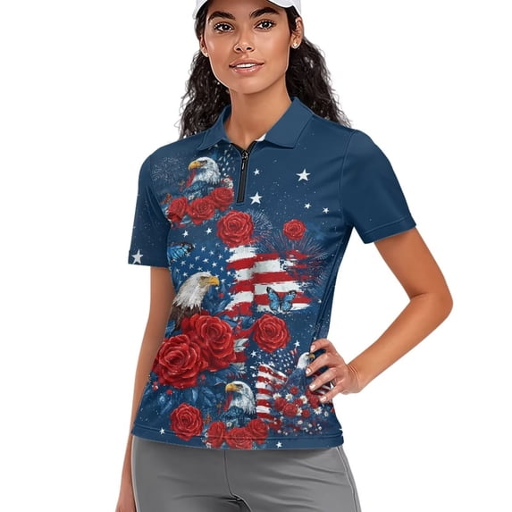Aplkyhs 250th Anniversary Flower Women's Golf Shirt Quarter Zip Women Sport Cloth 4-Way Stretch Moisture Wicking Quick Dry for Golf,Tennis,Hiking,Running,Gym Lightweight