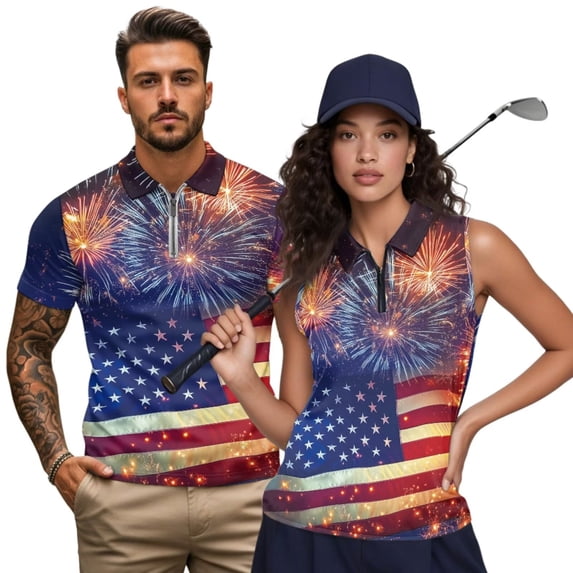 Aplkyhs American Flag Firework Matching Couple Golf Shirts Golf Tank Top for Women Quarter Zip Athletic Sleeveless Shirts for Yoga or Daily Wear Machine Washable Breathable Fabric
