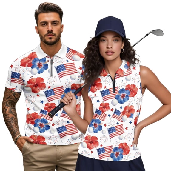 Aplkyhs American Flag Matching Golf Shirts for Couple Flower Breathable Fabric Golf Tennis Tank Top Racerback Design for Outdoor Sports Moisture Wicking Soft and Comfortable