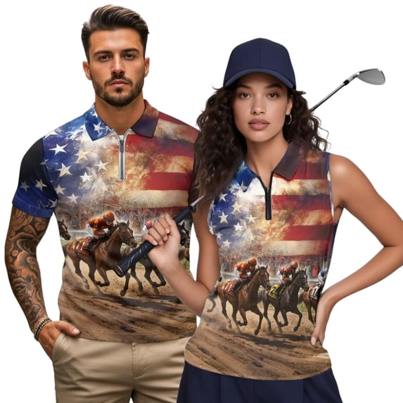 Aplkyhs American Flag Matching Golf Shirts for Couple Horse Racing Fit Plain Women Sport Cloth Golf Tennis Tank Top Racerback Design Golf Shirt Keep Cool in Hot Weather Quick Dry