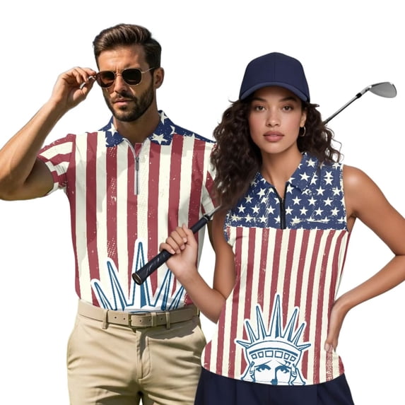 Aplkyhs American Patriotic Star Matching Golf Shirts for Couple Racerback Design Golf Tennis Tank Top Soft and Comfortable 4-Way Stretch for Golf Tennis Hiking Running Gym