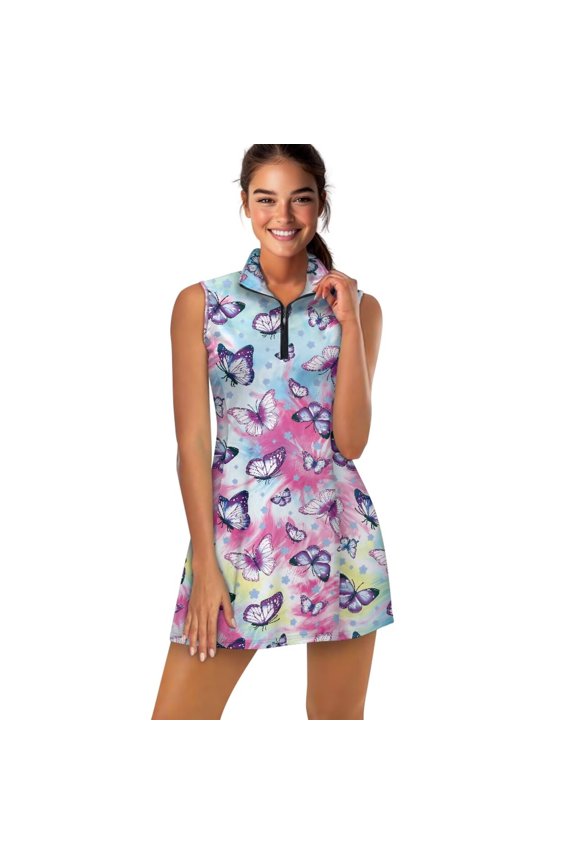Beautiful Butterfly Activewear Lightweight Golf Dress for Hot Weather Ruffle Zip Up Polyester Material Moisture Wicking Stretch for Outdoor Sports